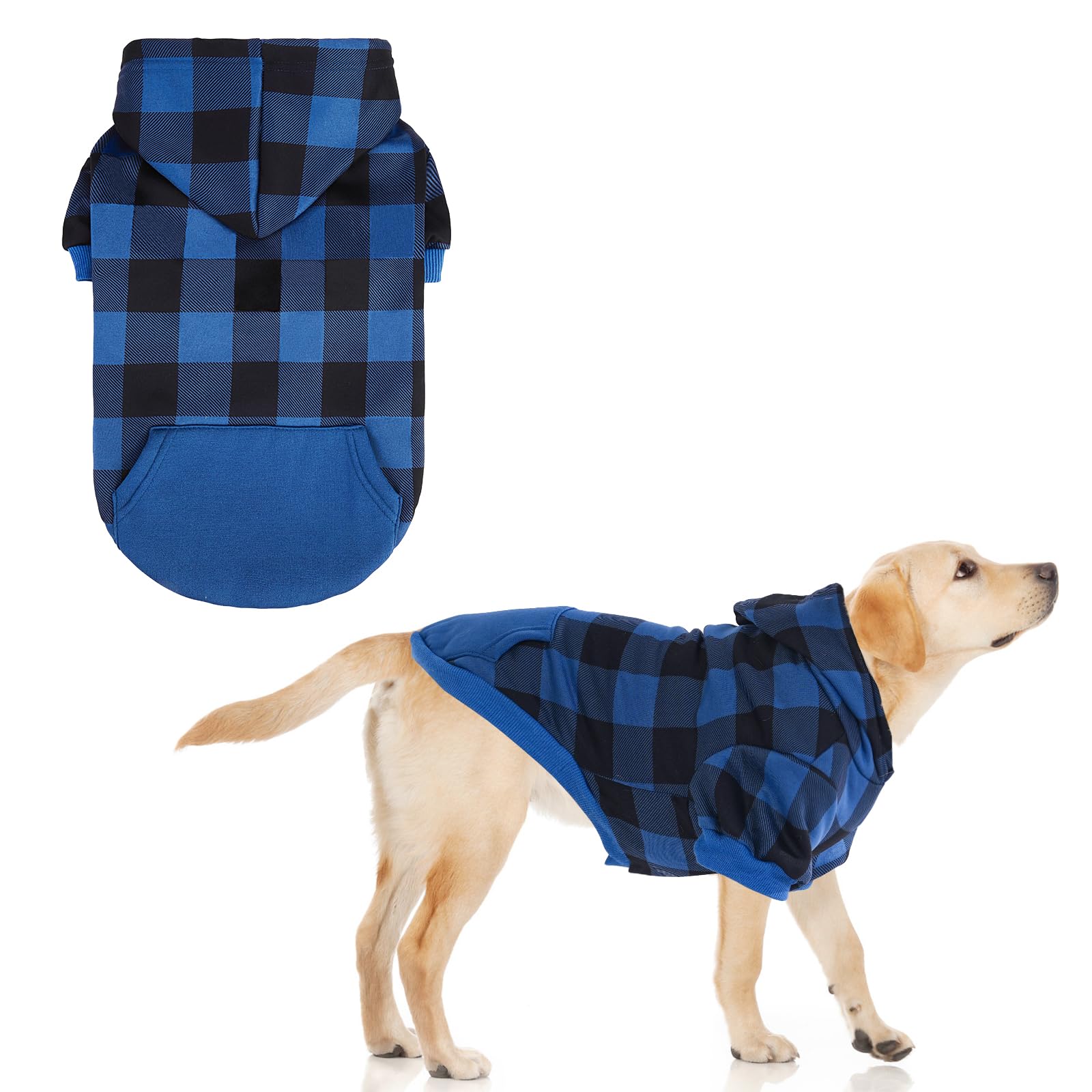 KOOLTAIL Plaid Dog Hoodie Pet Jumper With Hat and Pocket for Small Medium Large Dogs, Fleece Hooded Sweatshirt, Soft Winter Warm Cold Weather Coat for Puppy Cats, Blue L