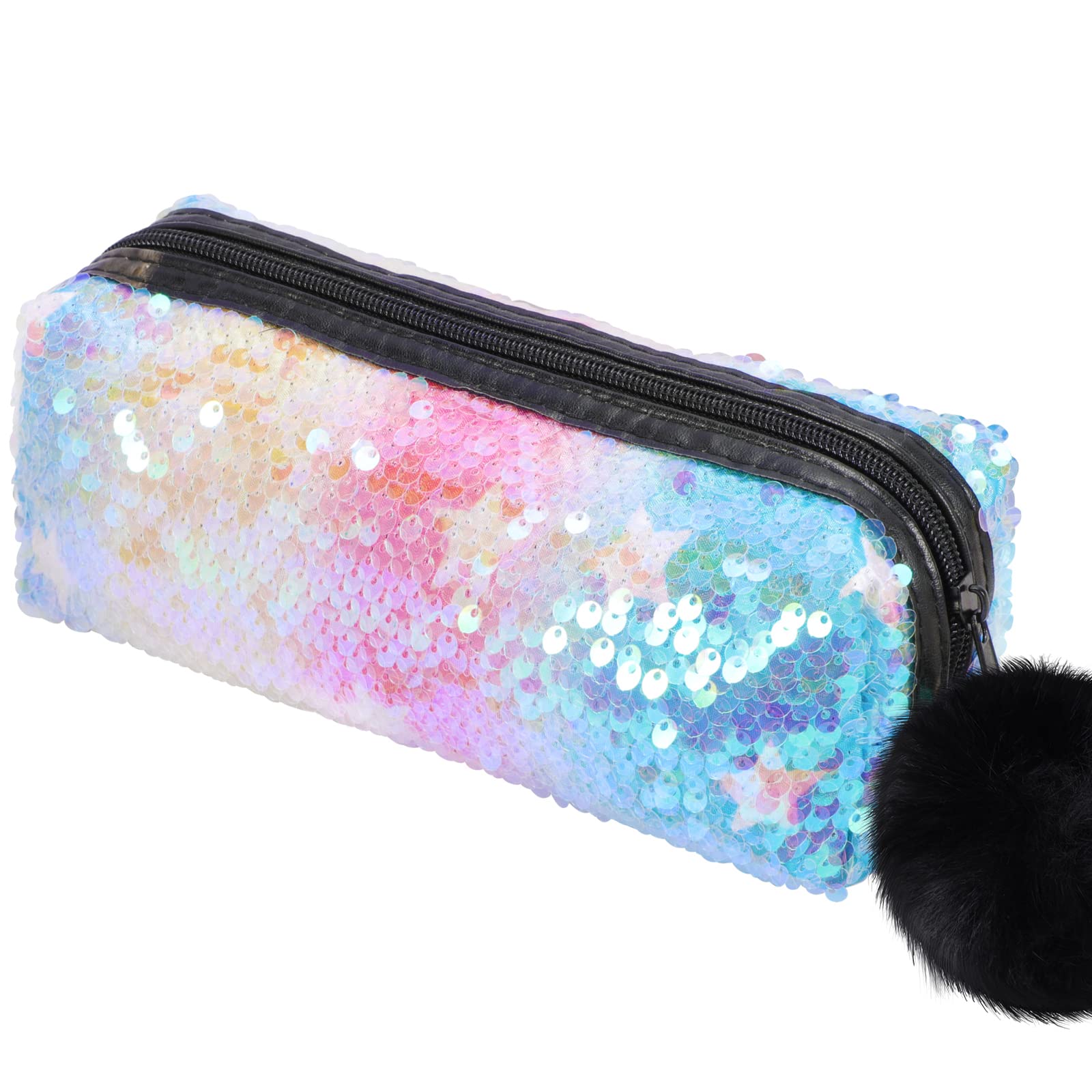 PHOGARY Sequin Preppy Pencil Case for Girls, Secondary School Pencil Bags with Fluffy Zipper, Pencil Pouch Holographic Pen Case Organizer for Students, Women Glitter Makeup Pouch (Rainbow,Star)