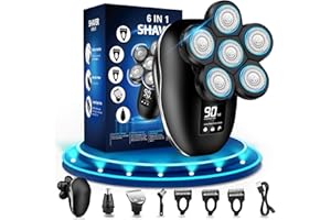 SAKIOO Head Shaver for Men, Upgrade 6-in-1 Mens Electric Shaver Bald Head Shaver Cordless Electric Razor for Men IPX7 Waterproof Rotary Shaver Grooming Kit, Face Head Shaver with Nose Hair Sideburns Trimmer…