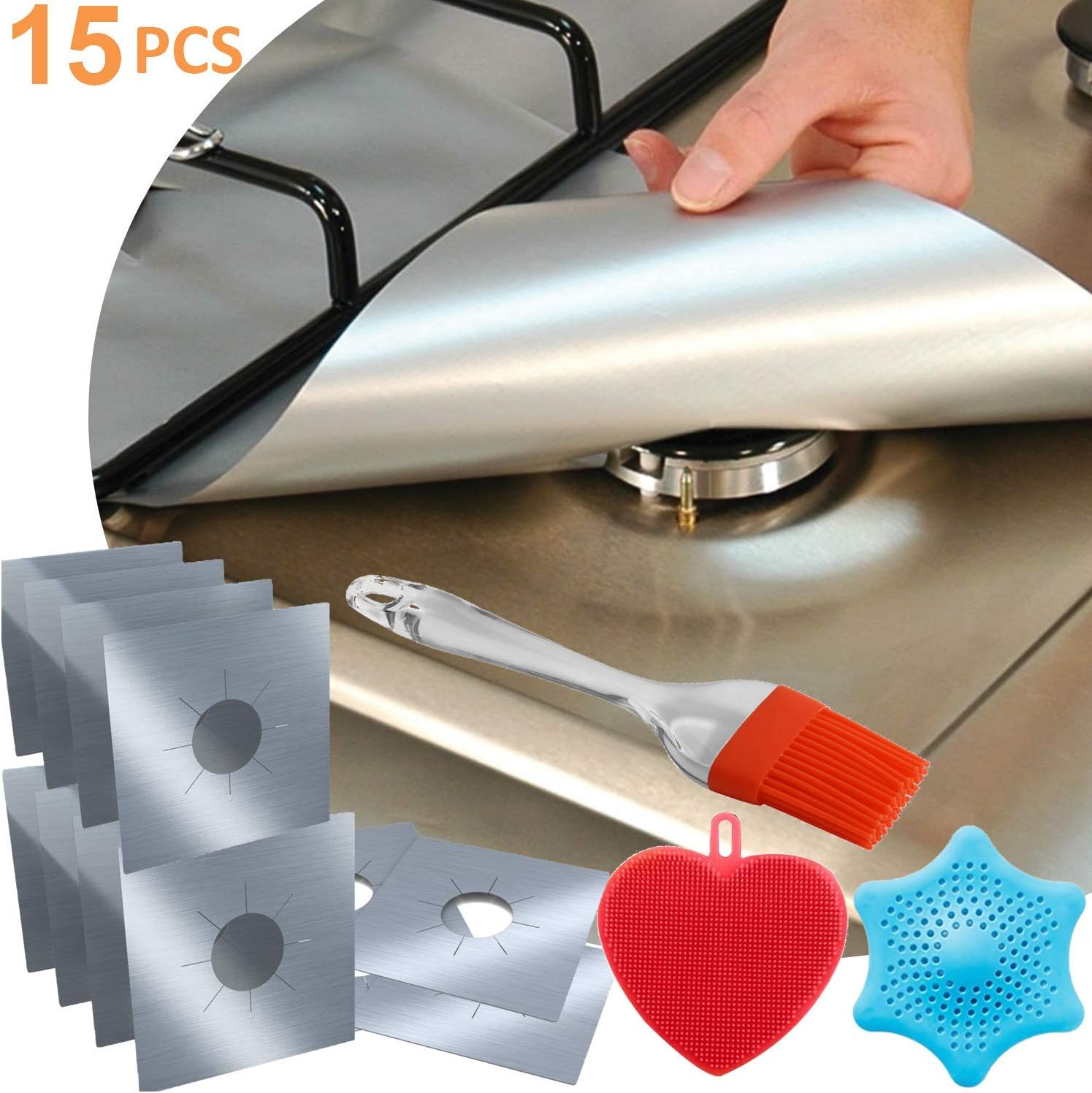 12-Pack Reusable Gas Stove Burner Covers Silver, 2x Silicone Brush + 1pc Silicone Drain Cover, Non-Stick Stovetop Burner Liners Gas Range Protectors for Kitchen- Size 10.6” x 10.6”-Double Thickness