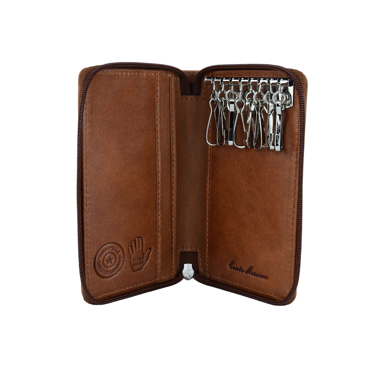 CM Conte Massimo Genuine Leather Key Organiser, Zippered, 8 Hooks, Card Pockets, Brown Small, Gift Box