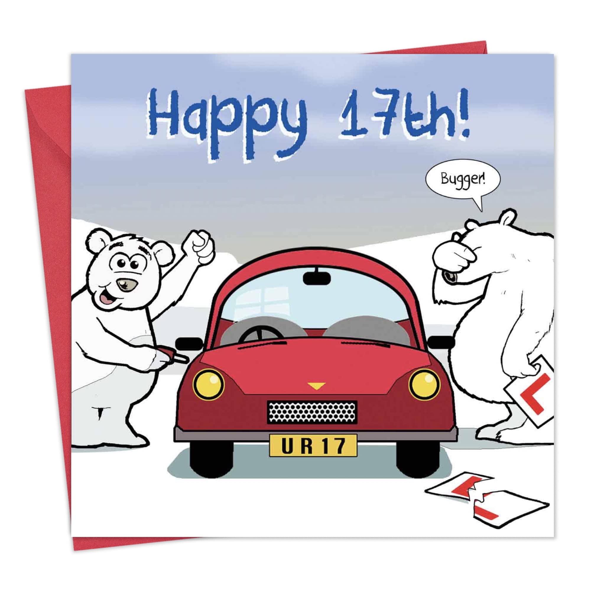 Twizler Funny Birthday Card with Polar Bear, Car and Ripped Learner Plates – 17th Birthday Card – Humour Card - Age 17 Birthday Card - Funny Card