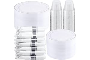 WELLIFE 350-Piece Silver Plastic Dinnerware Set - Disposable 10.25" Dinner Plates, 7.5" Dessert Plates, 9oz Silver Rim Cups & Cutlery for Weddings - 50 Guest Service - Elegant Disposable Silverware