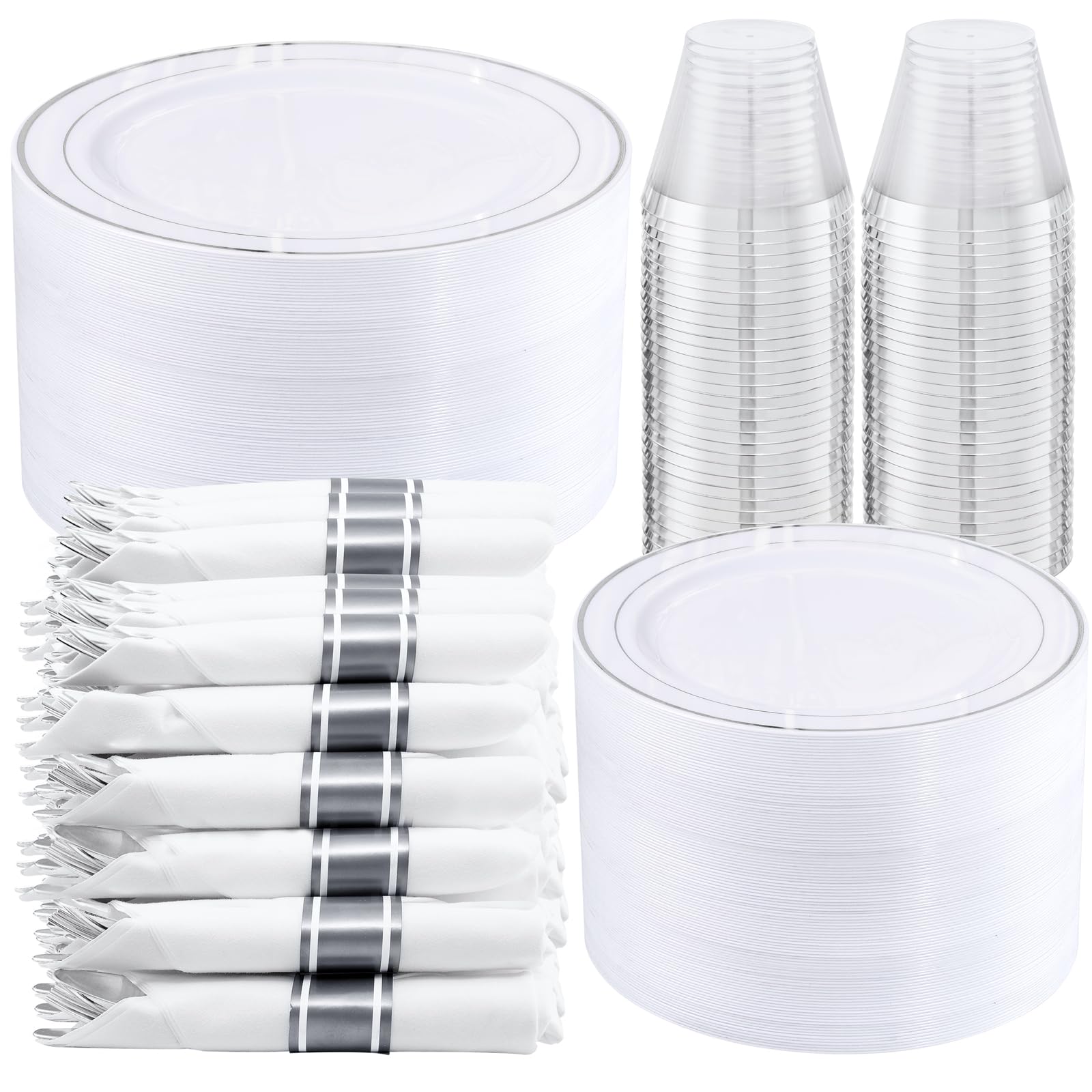 WELLIFE 350-Piece Silver Plastic Dinnerware Set - Disposable 10.25