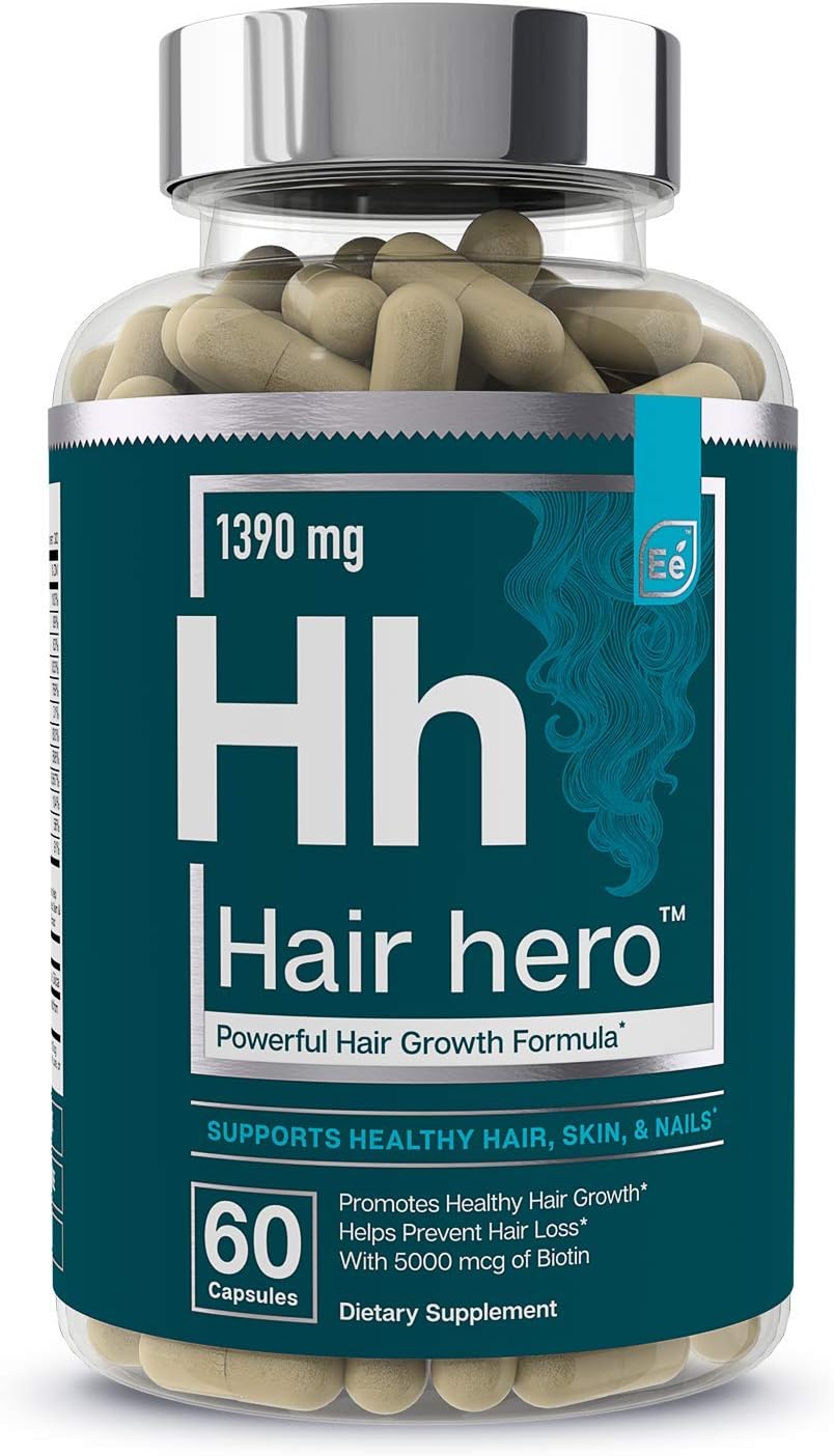 Hair Hero - Powerful Hair Growth Formula - Healthy Hair, Skin, and Nails - 5000 mcg Biotin | Essential Elements - 30 Day Supply: Health & Personal Care