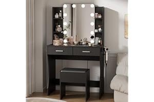 Otterease Vanity Desk with LED Lighted Mirror, Makeup Vanity with 3 Adjustable Lights, 2 Large Drawers and 4 Open Shelves, Black Vanity with Storage Stool for Bedroom