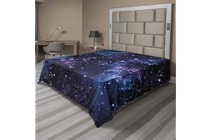 Ambesonne Space Flat Sheet, Mystical Sky Star Clusters Cosmos Nebula Celestial Scenery Artwork, Soft Comfortable Top Sheet Decorative Bedding 1 Piece, Queen Size, Purple Dark Blue