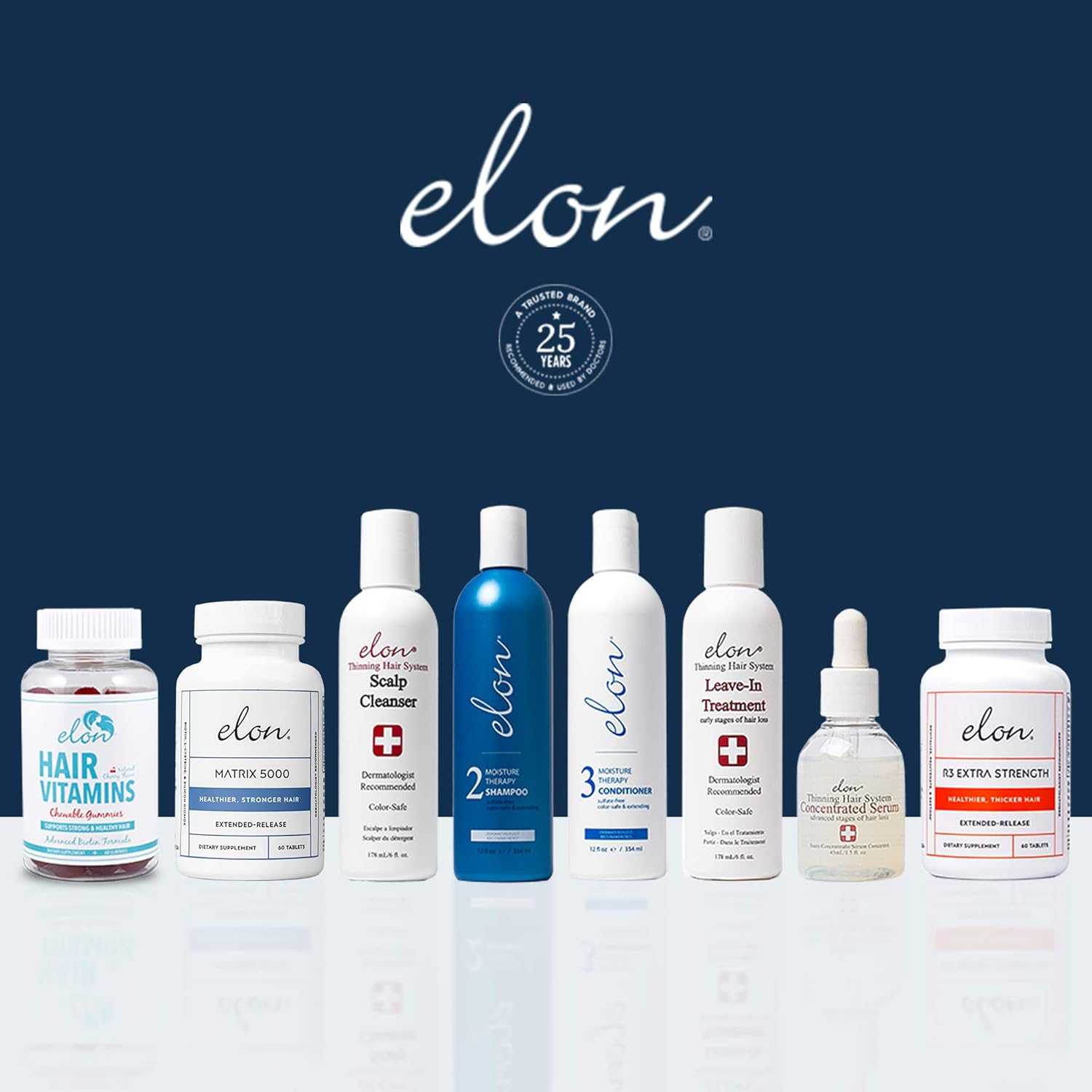 Elon Thinning Hair System - Maintenance | Dermatologist Recommended | Elon Moisture Therapy Shampoo, Elon Moisture Therapy Conditioner, Elon Matrix 5000 Hair Vitamins (60 tablets): Beauty