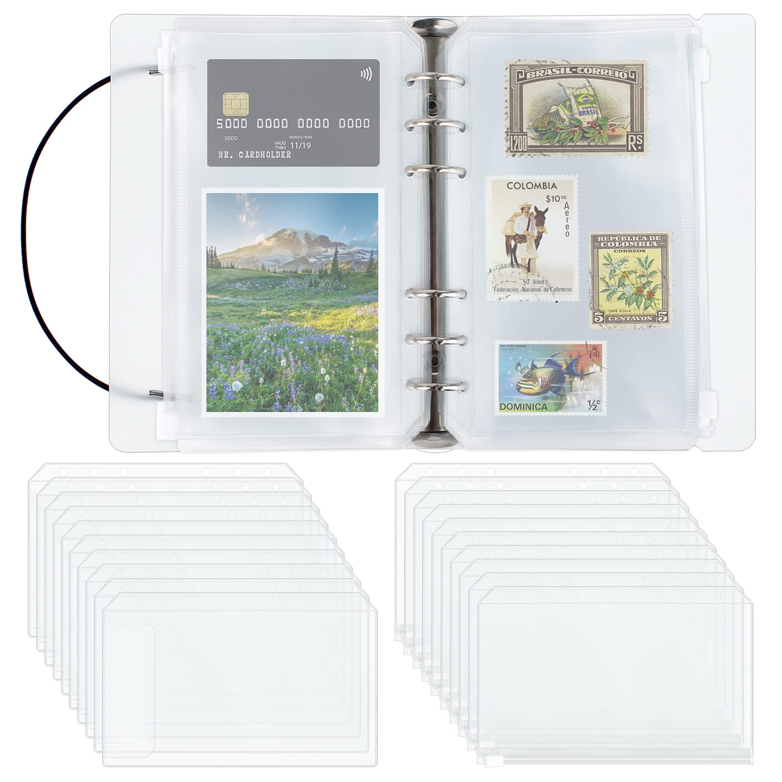 A6 Ring Binder Notebook With 20Pcs Plastic Envelopes and Pockets - 6-Ring Refill Set for Diary, Office, Home, School (18.5 * 12.5 * 3cm)