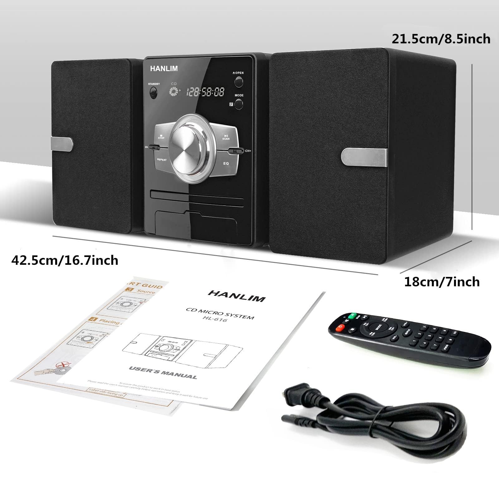 Home Stereo System with CD Player, FM Radio, Bluetooth, AUX in, USB in, Earphone Jack, Remote Control Included, 30W HiFi Shelf Stereo System