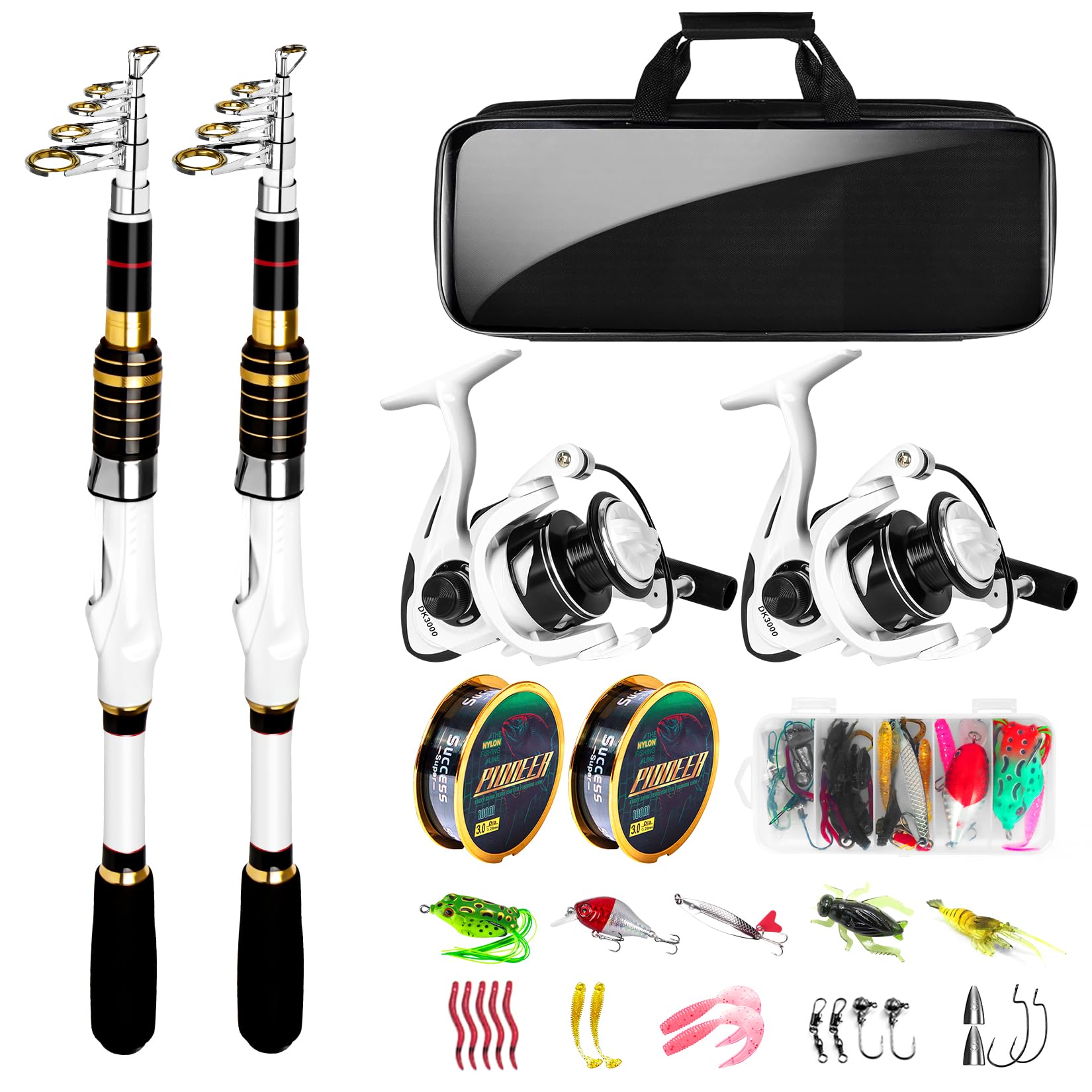 Photo 1 of White Fishing Pole Combo, 2PCS 5.9FT Telescopic Fishing Rod and Reel Combo Spinning Reels Lures Set Fishing Line Carrier Bag for Travel Saltwater Freshwater Fishing Collapsible Fishing Kits