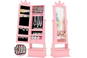 HONEY JOY Kids Jewelry Armoire Cabinet, 2-Angle Wooden Standing Jewelry Organizer w/Full-length Mirror and Storage Drawers, 64 Ring Slots, Children Dress Up Jewelry Cabinet for Little Girls(Pink)