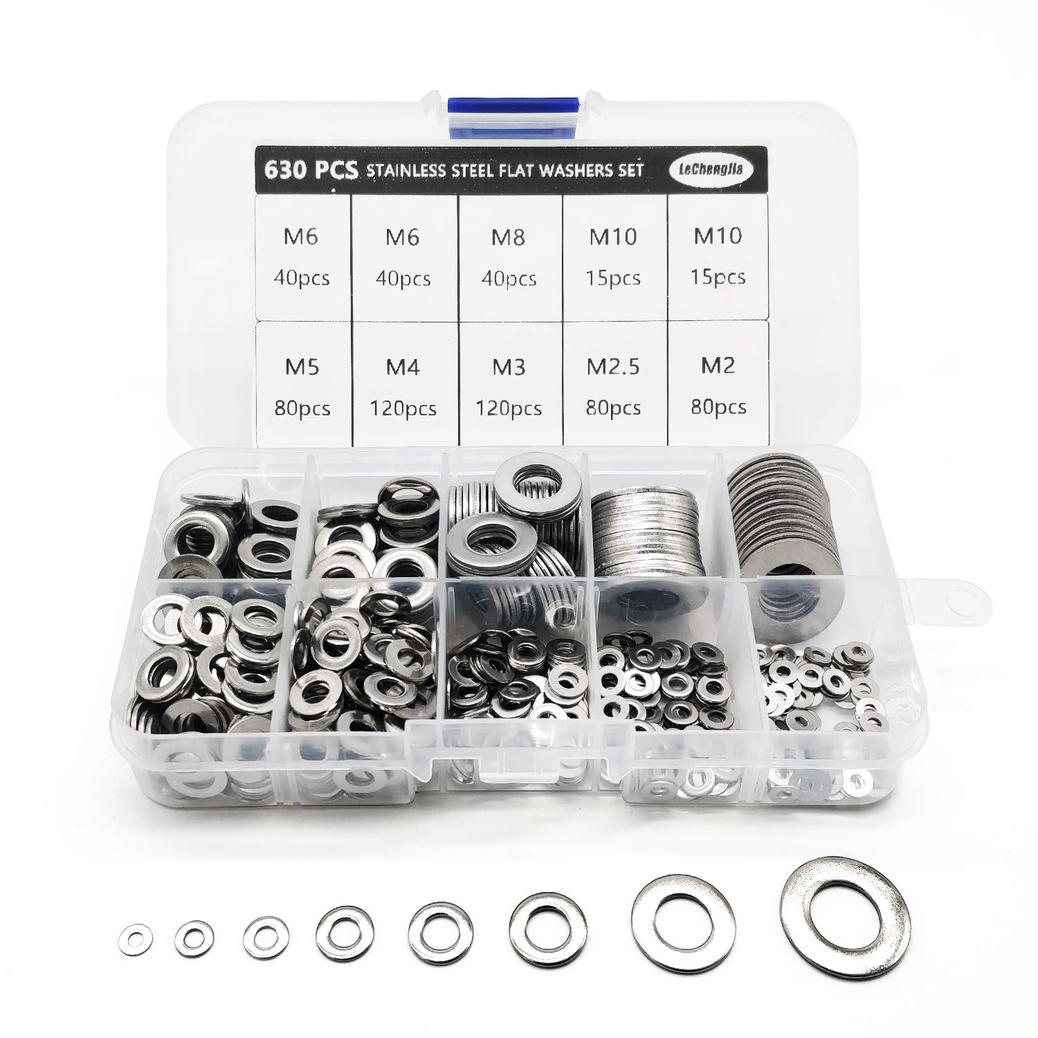 630 Pcs 304 Stainless Steel Flat Washer, Stainless Steel Flat Washers Assortment Set Flat and Lock Washer 8 Sizes (M2 M2.5 M3 M4 M5 M6 M8 M10) for Home Decoration Factories Repair Construction
