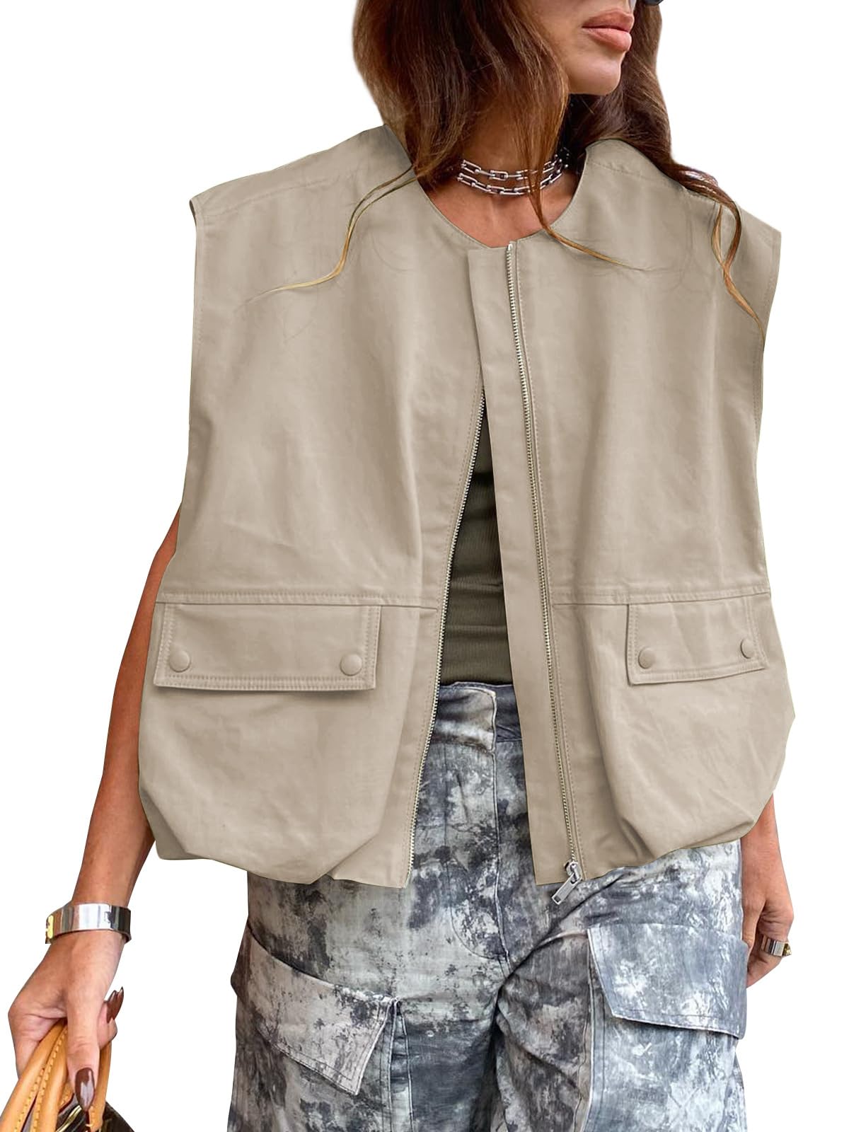 TEDDIFY Women's Sleeveless Cargo Outerwear Vests Oversized Zip Up ...
