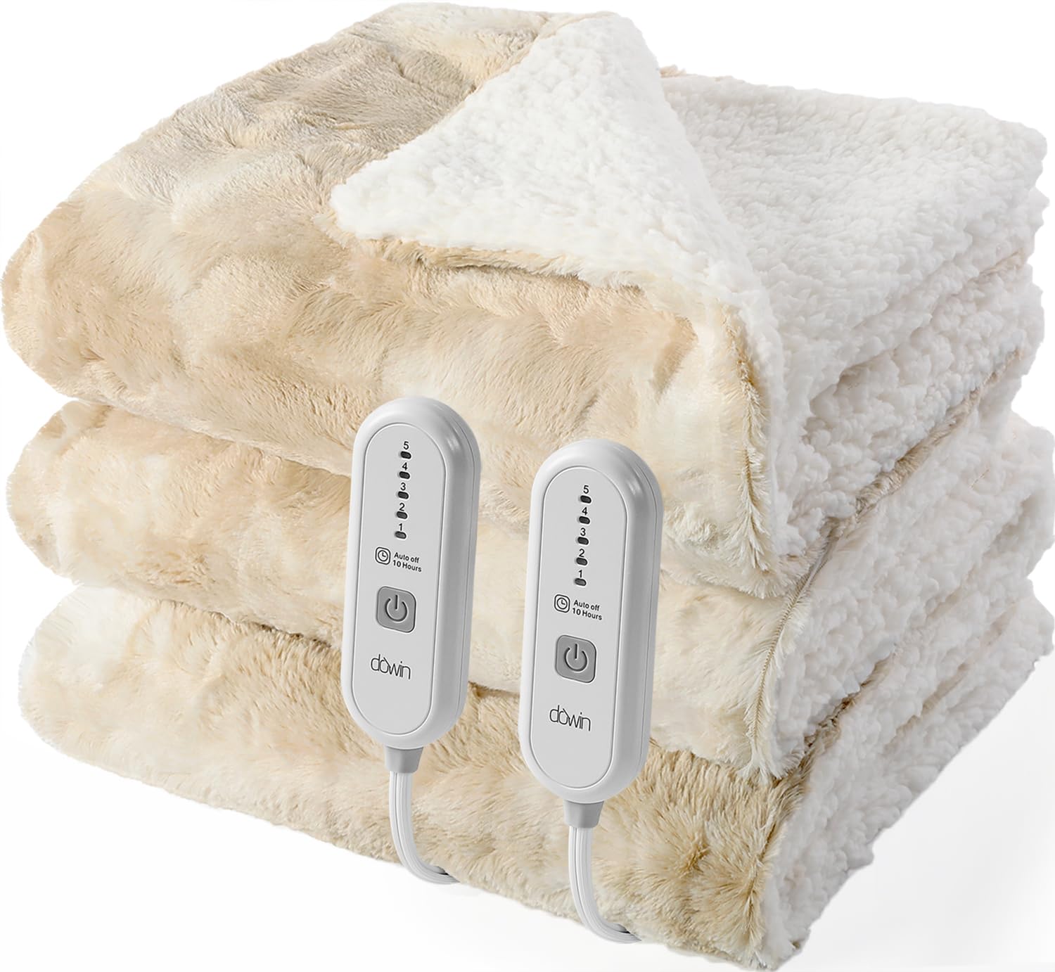 Photo 1 of Dowin Electric Blanket King Size, Faux Fur & Sherpa Heated Blankets 100"x 90",Large Dual Controllers Warm Heating Blanket, 5 Heating Levels &10Hrs Auto Off, Over-Heat Protect (Beige)