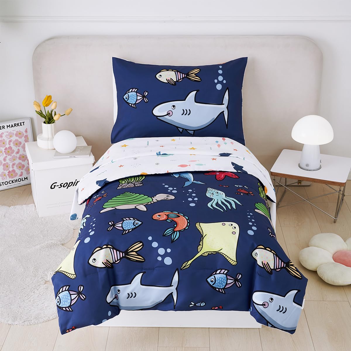 STYHO Duvet Cover Double Ocean Animal Pattern Kids Bedding Set with Pillowcase Set Reversible Underworld Sea Life Navy Blue Quilt Cover for All Season(Navy Blue, Double) — image 1