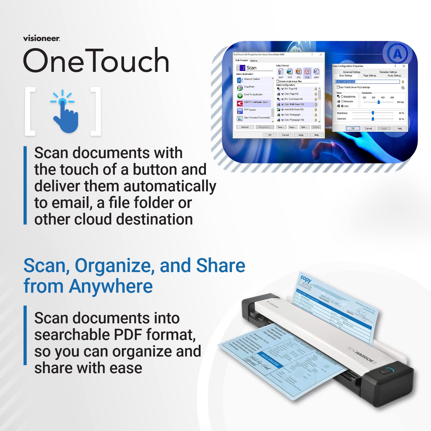 Visioneer RoadWarrior 3 Simplex Mobile Document Scanner for PC and Mac, USB Powered Travel Scanner