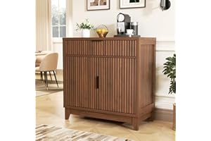 Vabches Modern Sideboard Buffet Cabinet with Storage, Coffee Bar Console Table with Drawer, Fluted Doors & Adjustable Shelf, Wood Buffet Table for Living Room, Kitchen Dining Room Chest, Brown