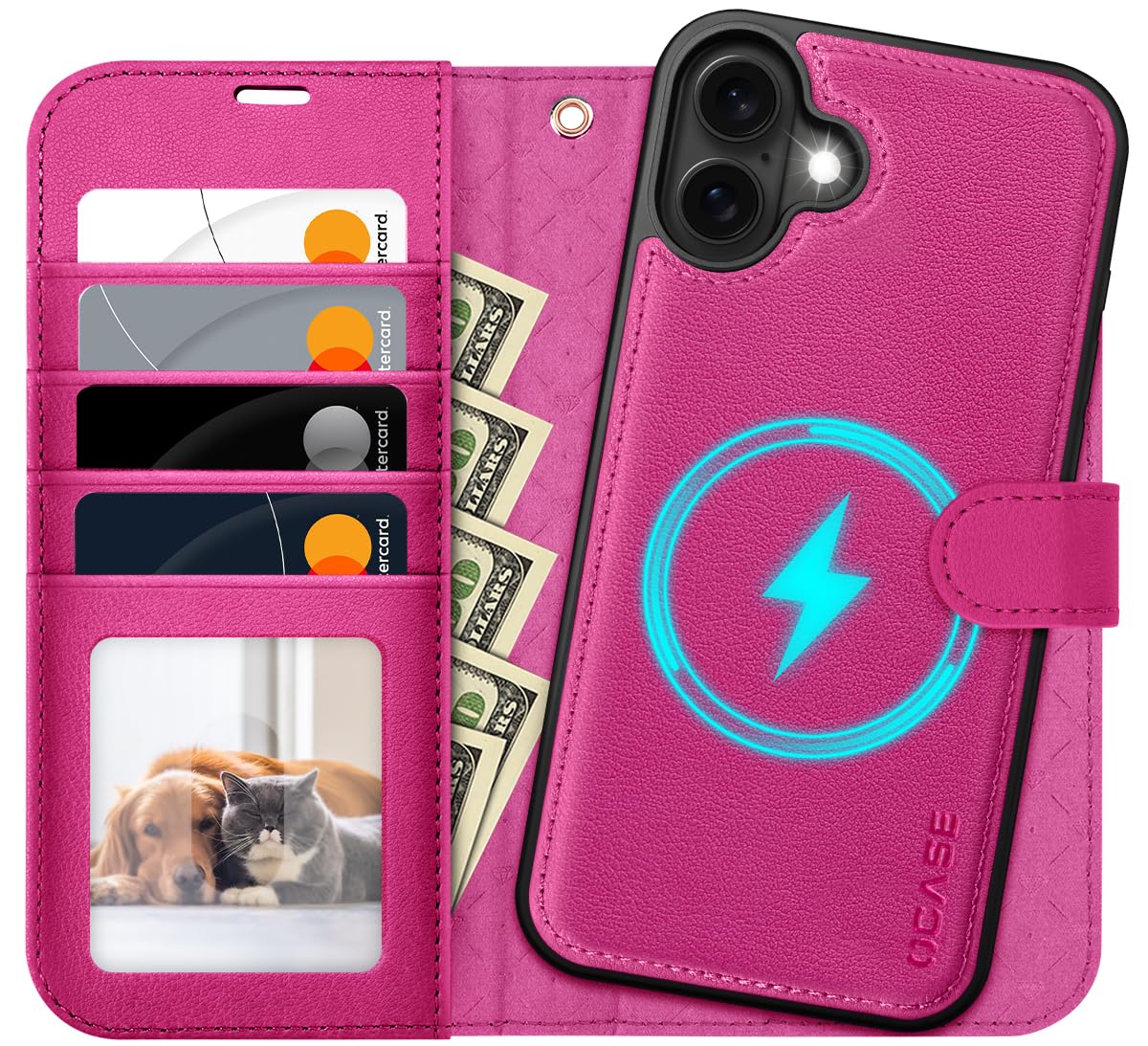 OCASE for iPhone 16 Plus Case, Detachable 2 in 1 PU Leather Wallet Case with RFID Blocking, Wireless Charging, Card Holders, Kickstand, Shockproof Removable Phone Cover, Rose