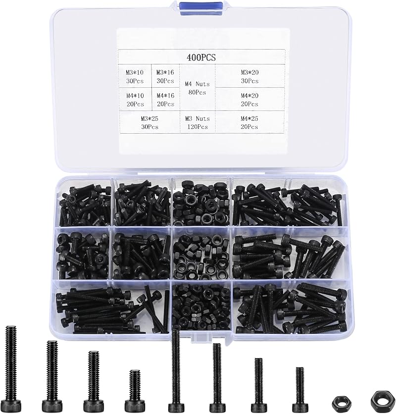 HAOCHEN 400 Pcs Hex Socket Head Bolts Nuts Set M3 M4 Stainless Steel