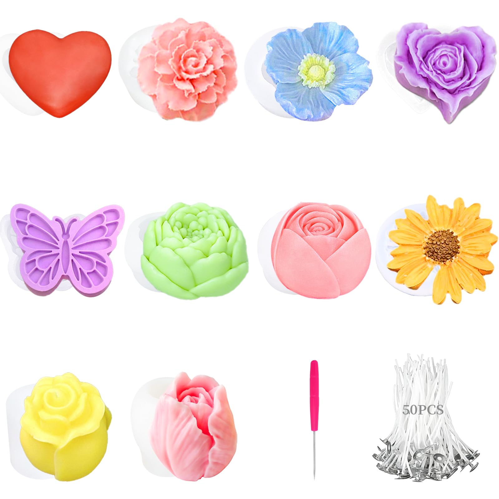 Photo 1 of 10 Pcs Flower Candle Molds Reusable Floral Molds for Candle Making Rose Tulip Silicone Candle Mold for DIY Handmade Soy Wax Beeswax Resin Craft