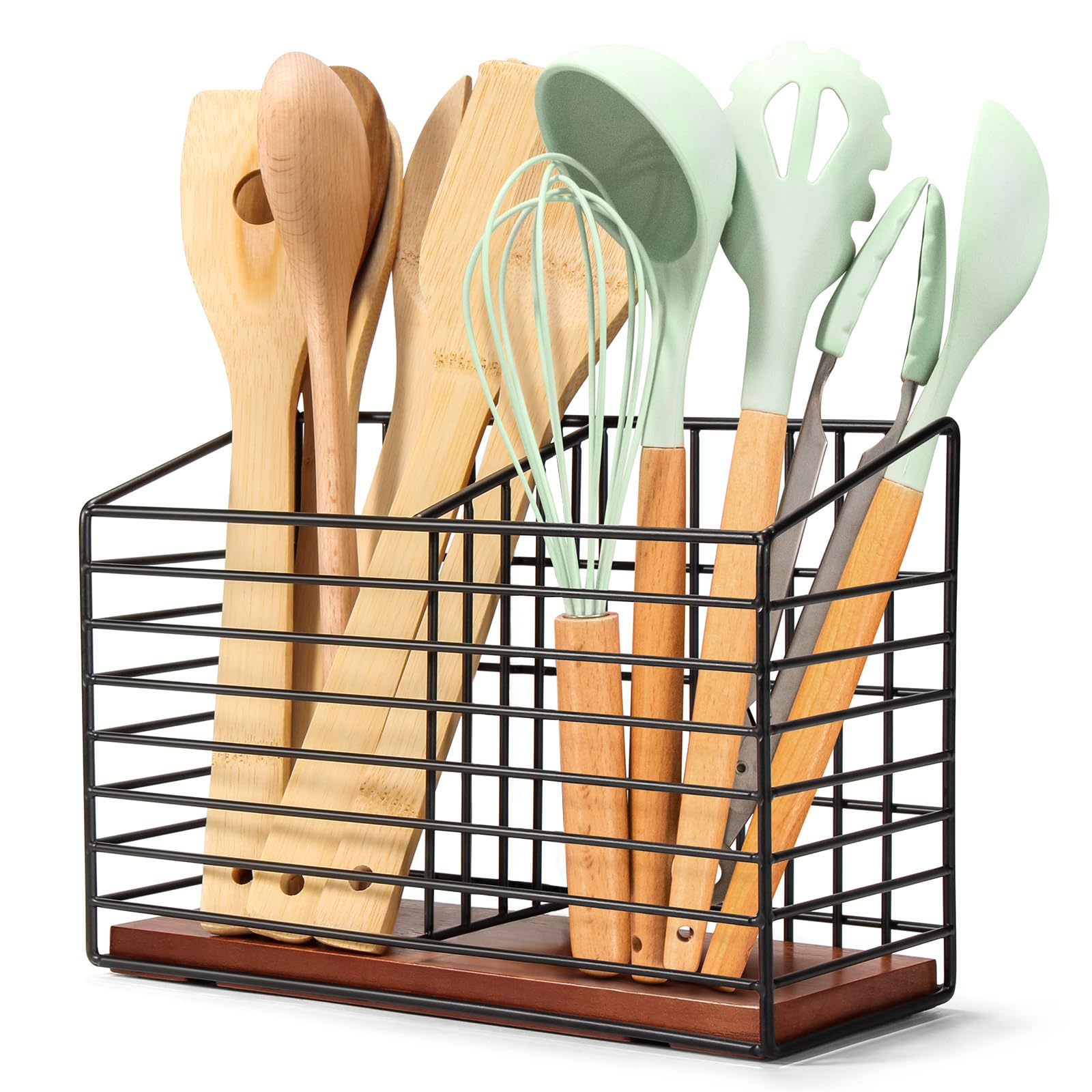 THYGIFTREE Kitchen Organizer for Counter - Large Black Metal Cooking Utensil Holder with Wooden Base - Modern Farmhouse Utensil Caddy