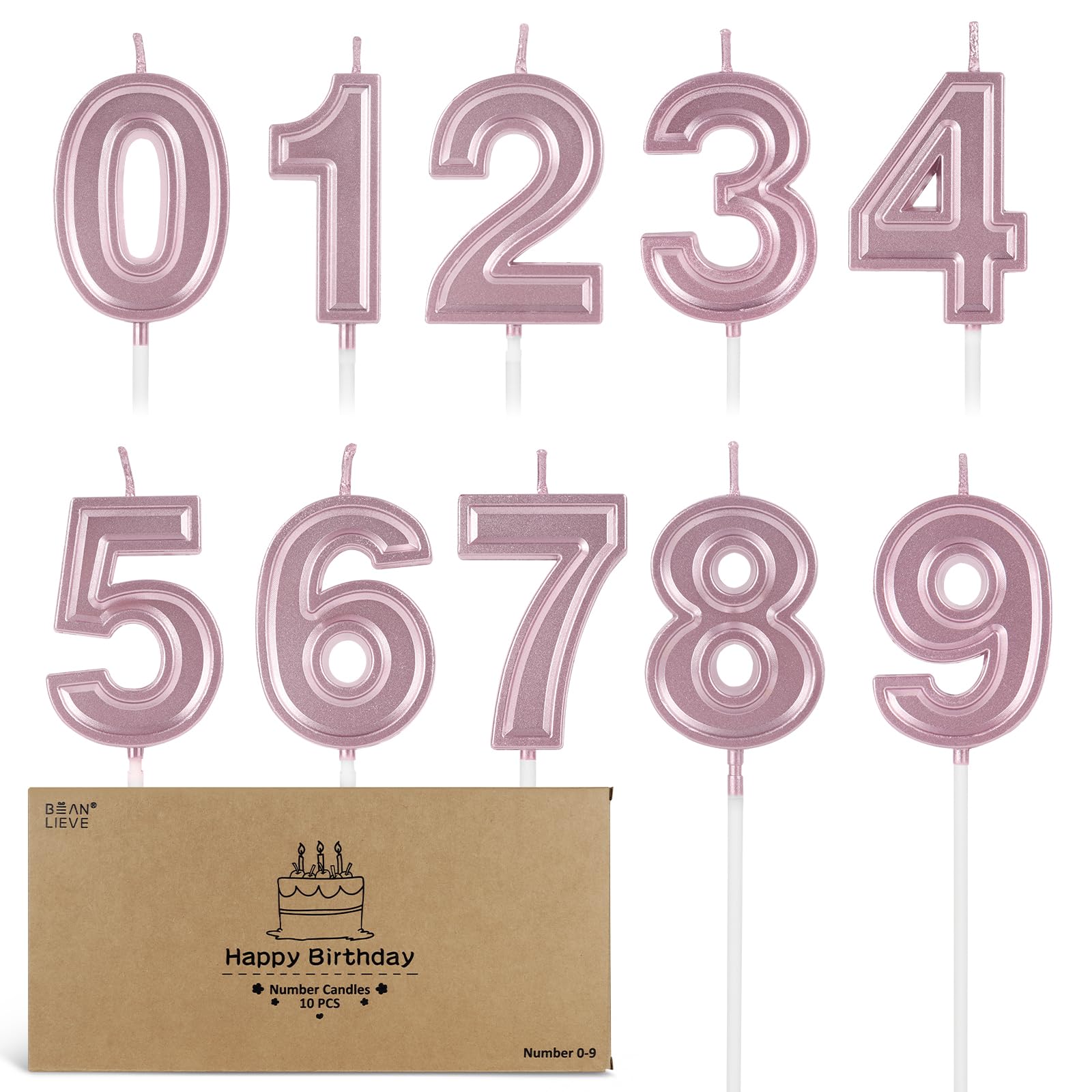 Photo 1 of BEAN LIEVE Elegant Rose Gold 0-9 Number Candles 10pc, Glitter Birthday Cake Toppers for Wedding Anniversary Party Decorations (Shiny Metal Candles Set)
