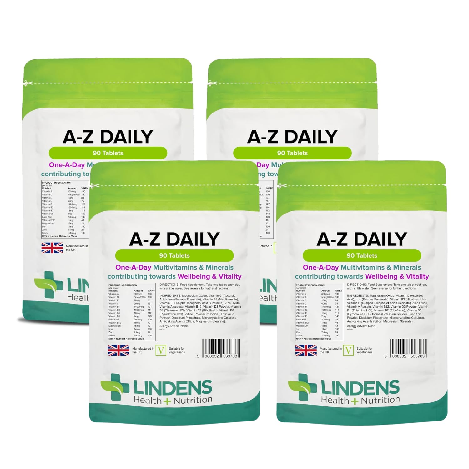 Lindens - Multivitamin A-Z Daily Tablets - 360 Pack (90 x 4) - UK Made - Perfect Vitamin & Mineral Balance of Vitamin A, C, D, E, B1, B2, B3, B6, B12, Folic Acid, Magnesium, Iron, Zinc & Iodine