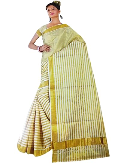 Women's Cotton Kerala Traditional Checked Saree with Golden Border (3)