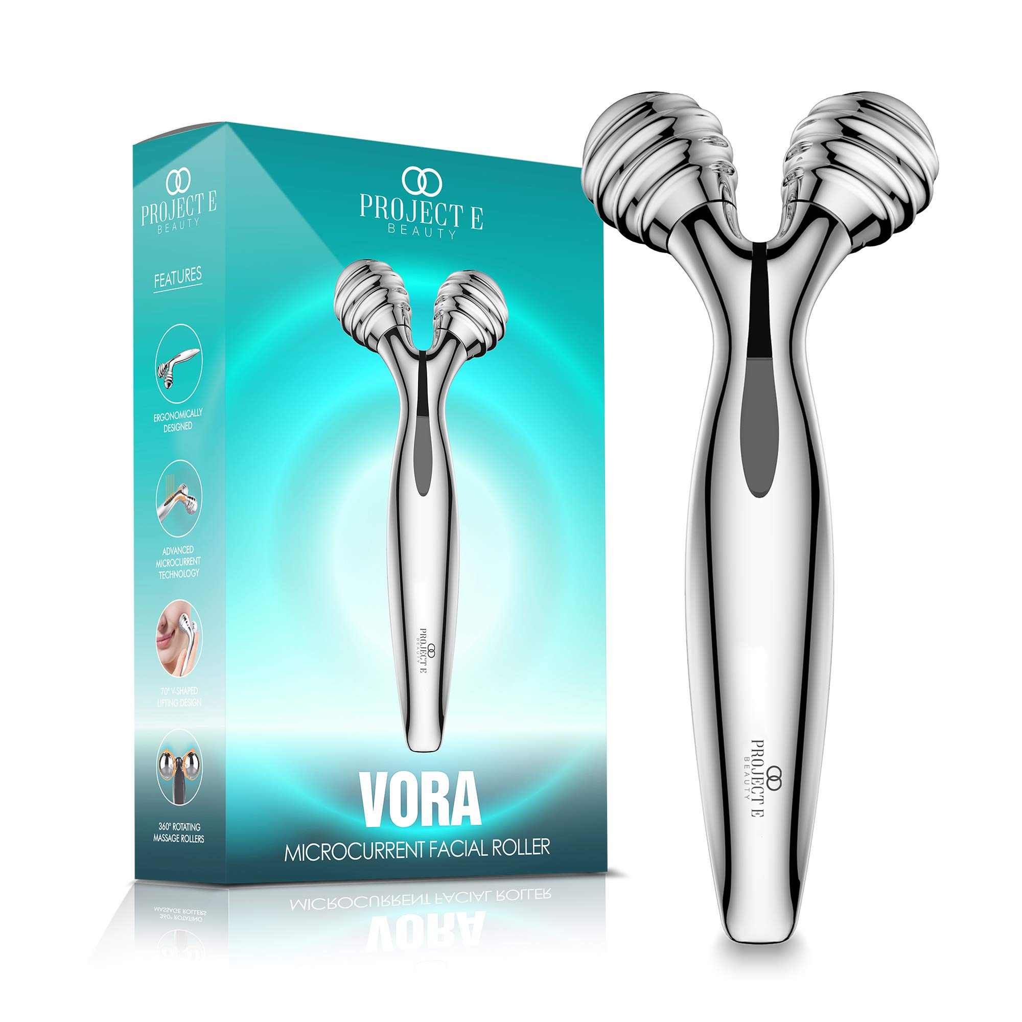 VORA Microcurrent Facial Roller by Project E Beauty | | 3D Face & Body Massager | Instant Face Lift & V-Shape | Collagen Boost | Tightens Skin | Anti-Aging | Roller Tightens Skin | Solar Powered