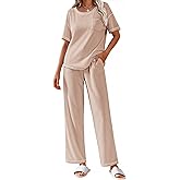 Ekouaer Women Waffle Knit Lounge Sets Short Sleeve Top and Long Pant Pajama Set Loungewear 2 Piece Pjs Set with Pockets