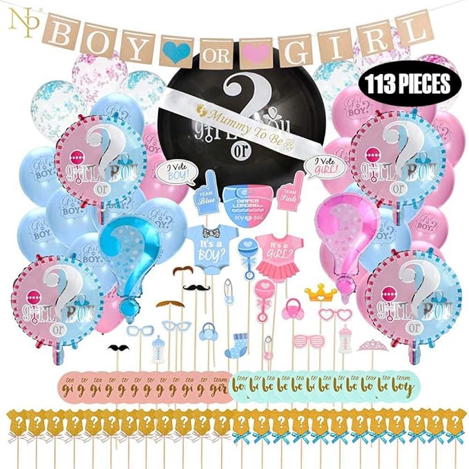 Baby Gender Reveal Party Supplies (113 Pieces PREMIUM SET