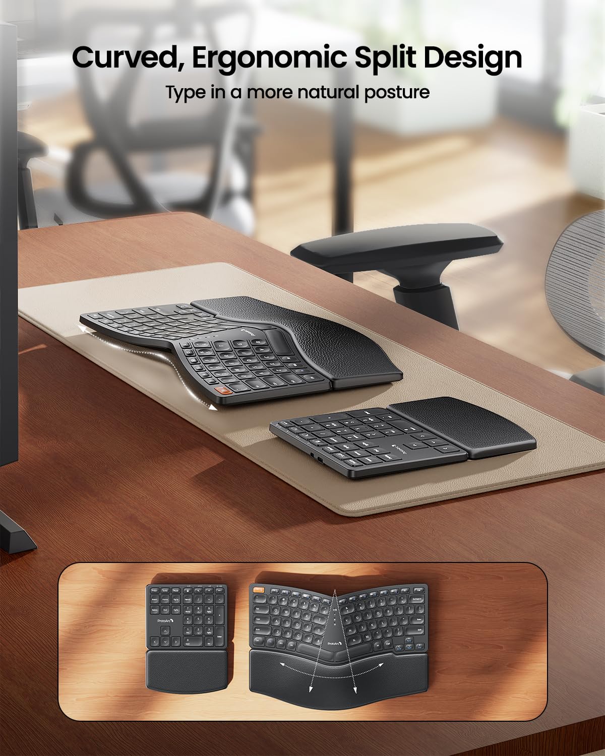 ProtoArc Wireless Ergonomic Keyboard, EK04 2.4GHz USB Wireless Ergo Keyboard with Separate Numeric Keypad, Split Design, Hard Wrist Rest, Rechargeable, for Windows PC/Laptop/Desktop