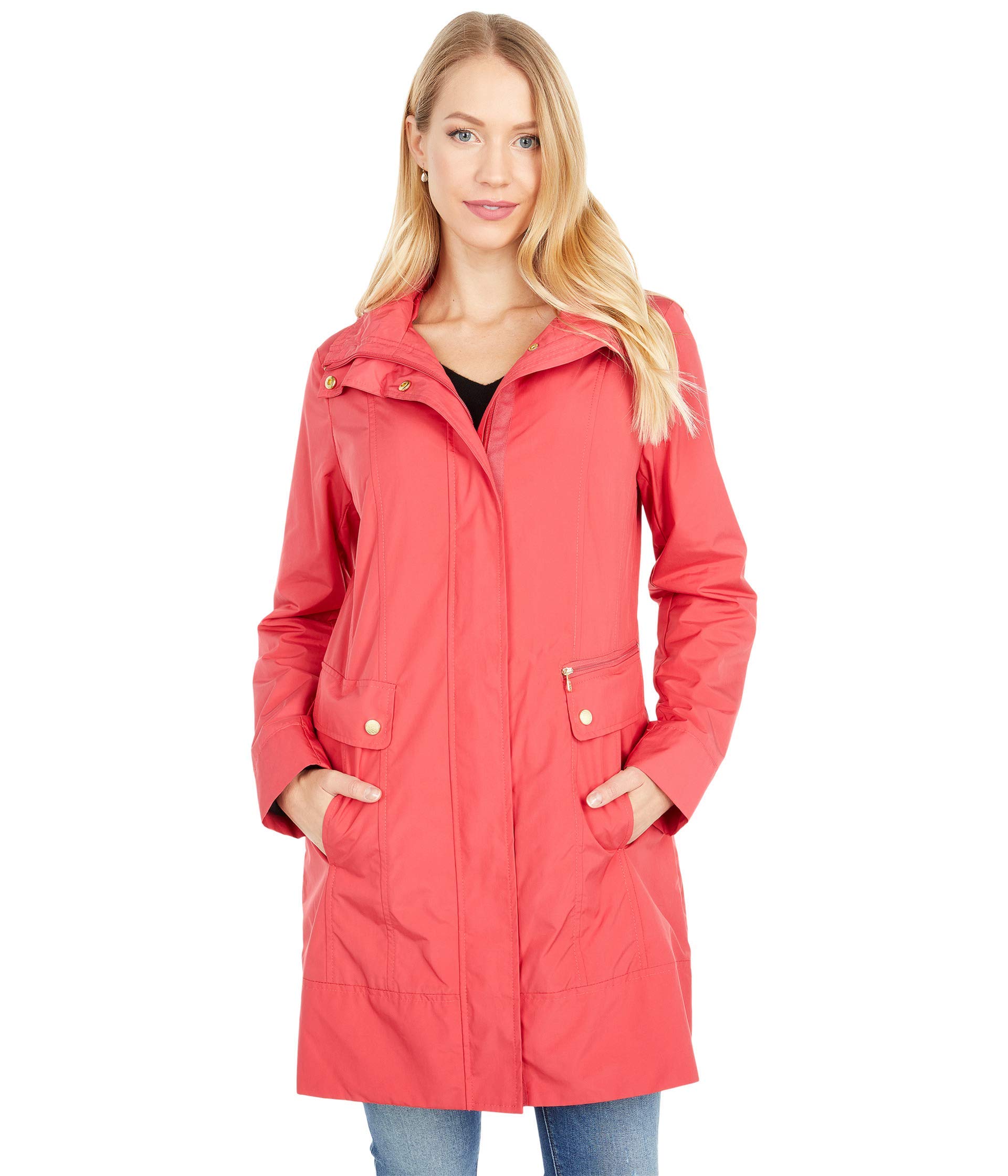 Cole Haan Women’s Packable Hooded Rain Jacket with Bow, Red, Large