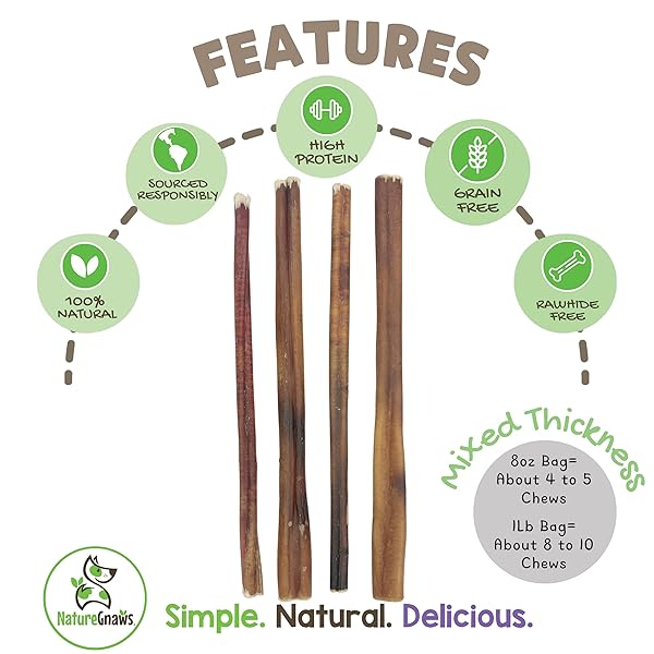 NATURE GNAWS BULLY STICKS FOR DOGS 11-12″ (8OZ) – MIXED THICKNESS – LONG LASTING FOR AGGRESSIVE CHEWERS AND LARGE DOGS – NATURAL BEEF DOG CHEW BONES