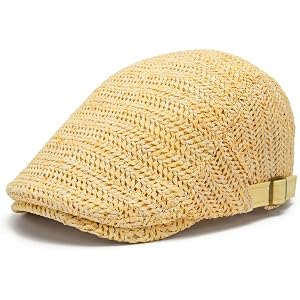 Hikiwin Straw Beret Newsboy Hats for Women Men, Summer Breathable Flat Cap with Adjustable Strap, Solid Plain Sun Hat