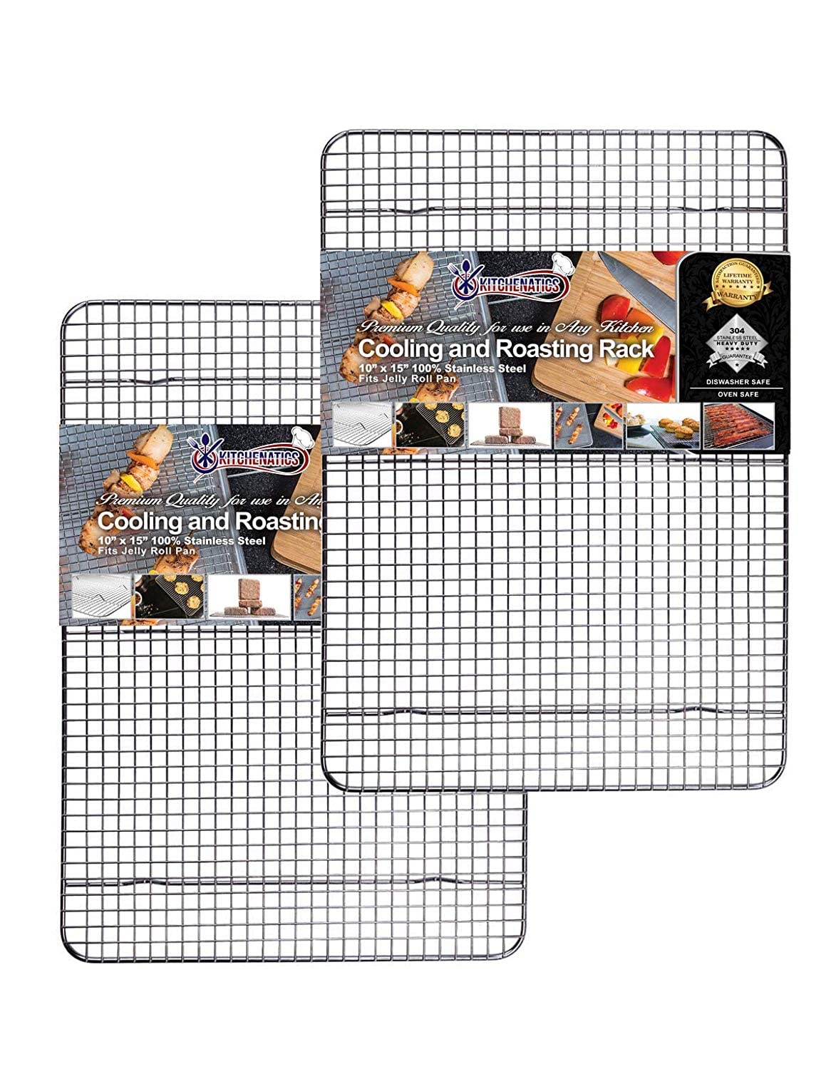 KITCHENATICS 2 Pack 10" x 15" Stainless Steel Cooling Racks - Oven, Grill & Dishwasher Safe - Patented Welds, 1-Inch Feet Air Circulation, Tight Grid Pattern