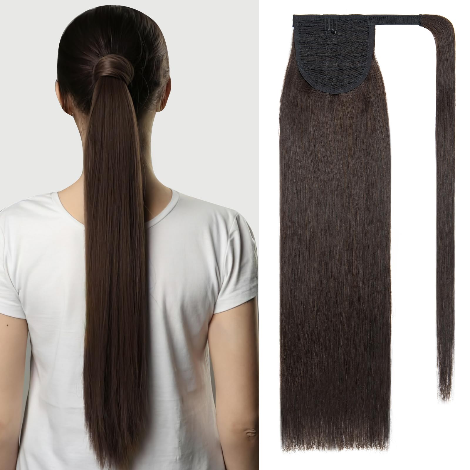 SEGOHAIR Wrap Around Ponytail Human Hair Clip in Ponytail Hair Extensions, 22 inch Long Straight One Piece Clip in Hairpieces Remy Real Human Hair-Darkest Brown — image 1