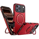 PELEPUES for iPhone 17 Pro Case Magnetic, Military Grade Shockproof Phone Case Cover with 360° Rotatable Metal Ring Stand Kickstand [Compatible with MagSafe] for iPhone 17 Pro, Red