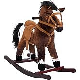 Qaba Rocking Horse Realistic Sounds for Toddlers 3-9, Dark Brown | Kids Plush Ride On Toy, Wooden Animal Rocker