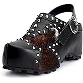 XOBZJH Platform Clogs for Women with Arch Support – Natural Calf Hair & Leather Patchwork Upper, Adjustable Strap, Leather-Lined Slip-On Mules for Flat Feet, Vintage Rivet Design
