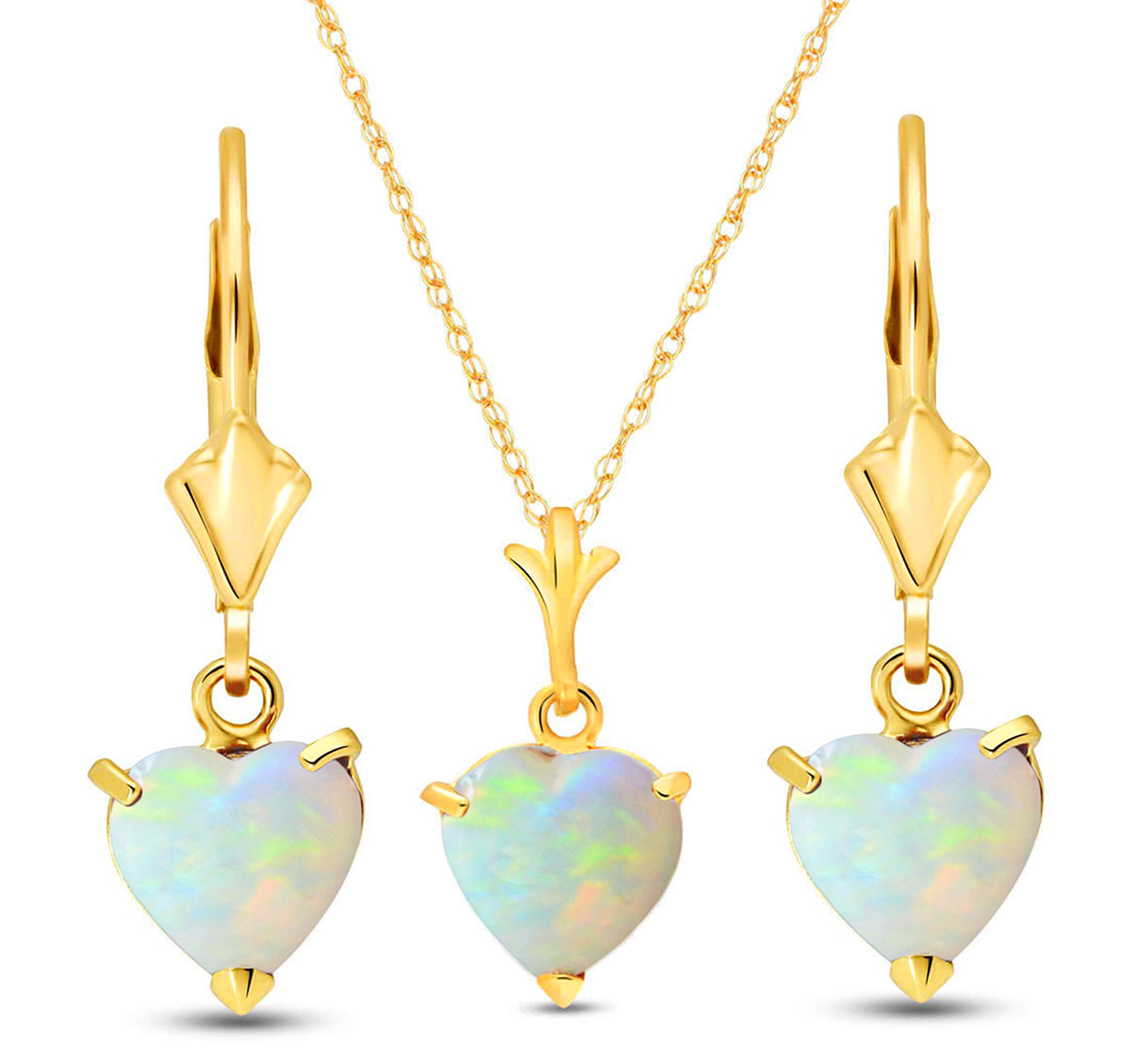 Galaxy Gold GG 14k Yellow Gold Jewelry Set - Necklace and Earrings w/Natural Heart-shaped Opals