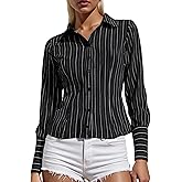 Women's Button Down Shirt Casual Long Sleeve Slim Fit Striped Solid Color Blouse Collared Office Work Shirt Top