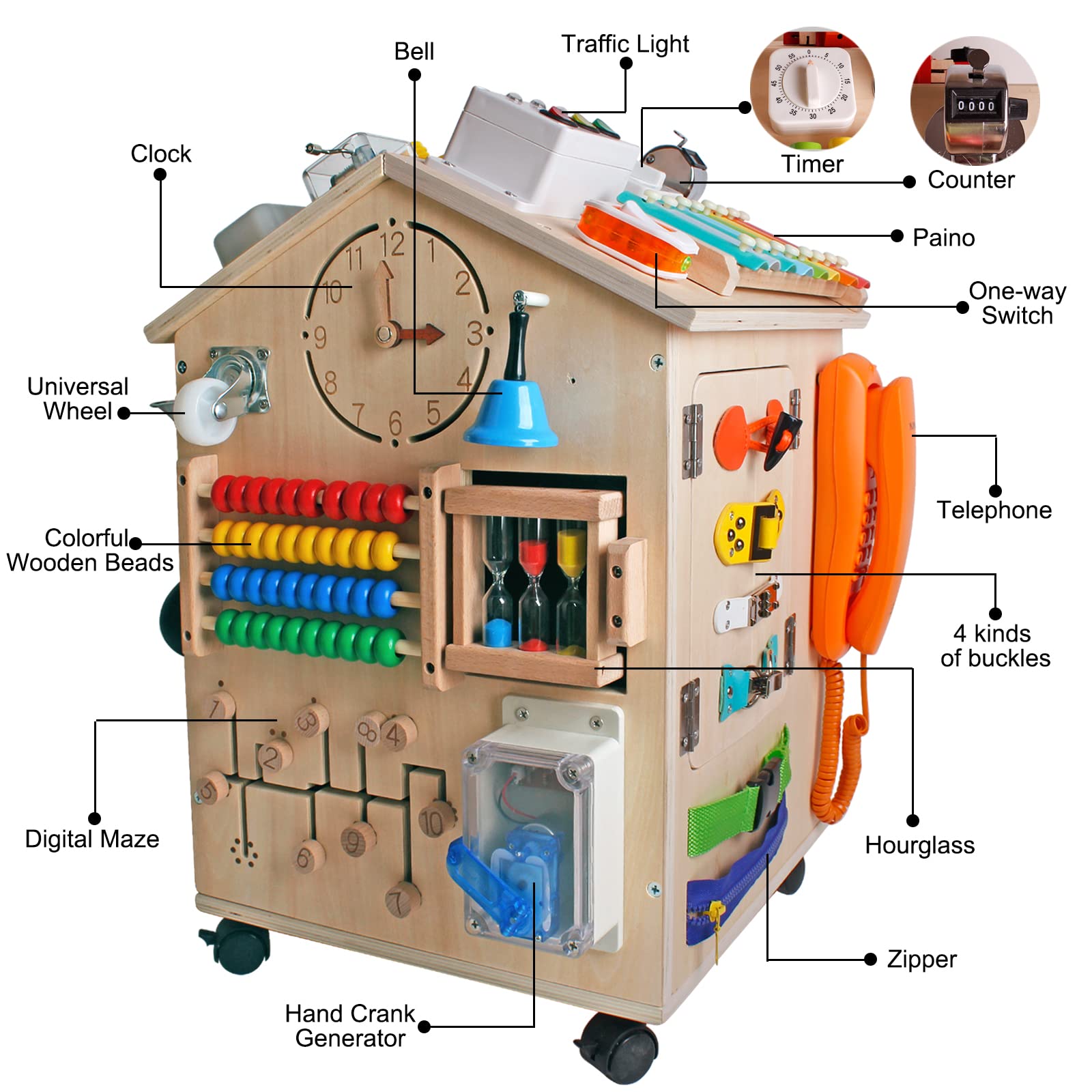 SHIERDU Montessori Wooden Busy House Basic Life Skills and fine Motor Training for Children, pre-School Education and Learning Busy Board, Sensory Game Toys, Large Gifts for Boys and Girls