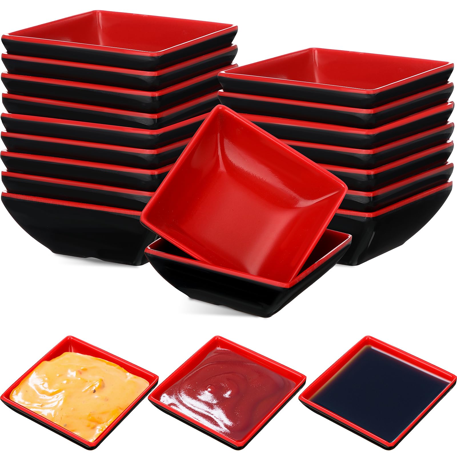 Photo 1 of Hushee 25 Pcs Dipping Bowls Soy Sauce Dishes Dipping Sauce Cups Serving Plate Set Black Red Side Small Dish Pinch Bowls for Condiment, Soy, BBQ, Desserts(Square)