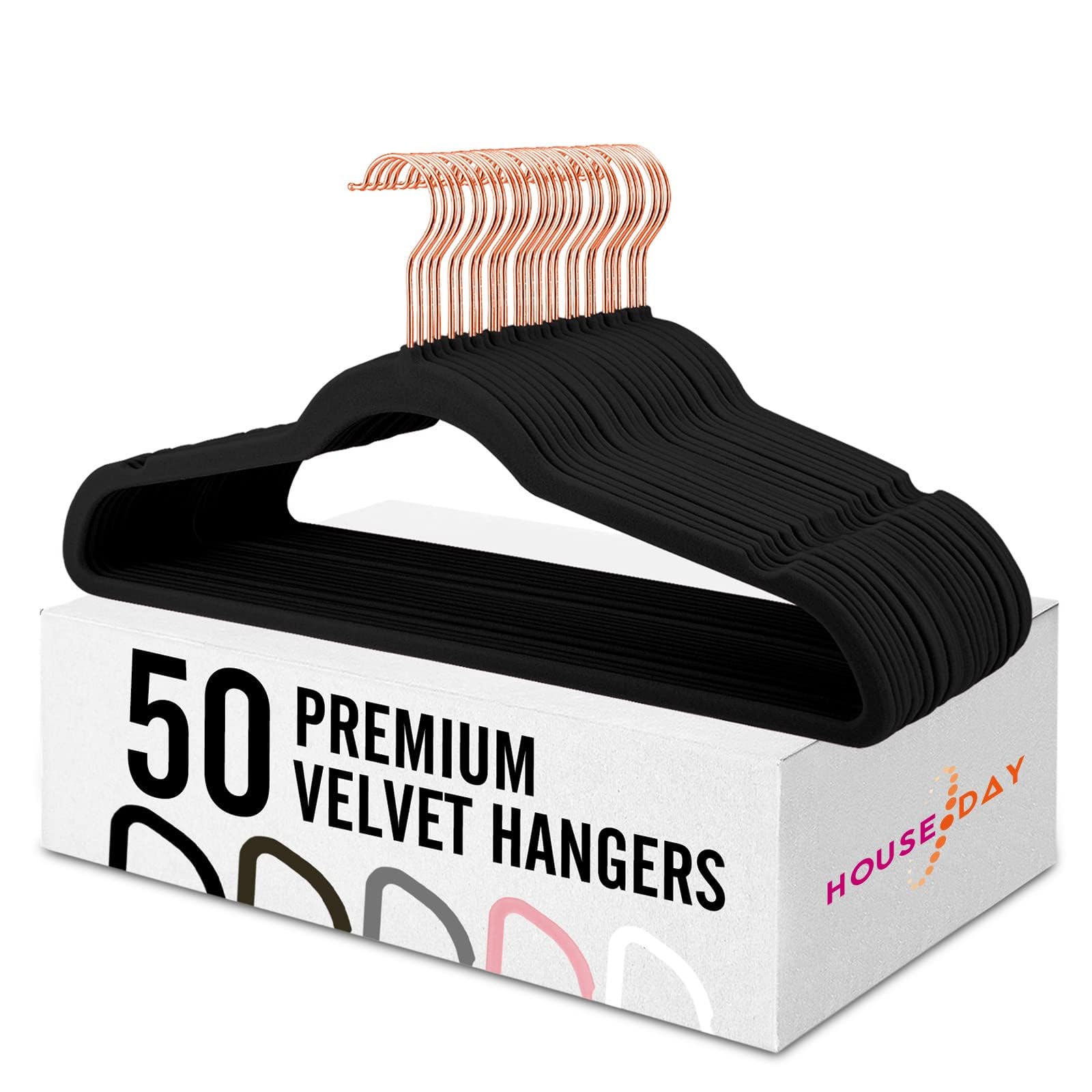 House Day Heavy Duty Velvet Hangers 50 Pack for Adults(45cm) - Black Luxury Hanger Non-slip Flocked Hangers for Clothes with 360° Swivel Hook,Space Saving Coat Hangers Durable Felt Hangers for Suit