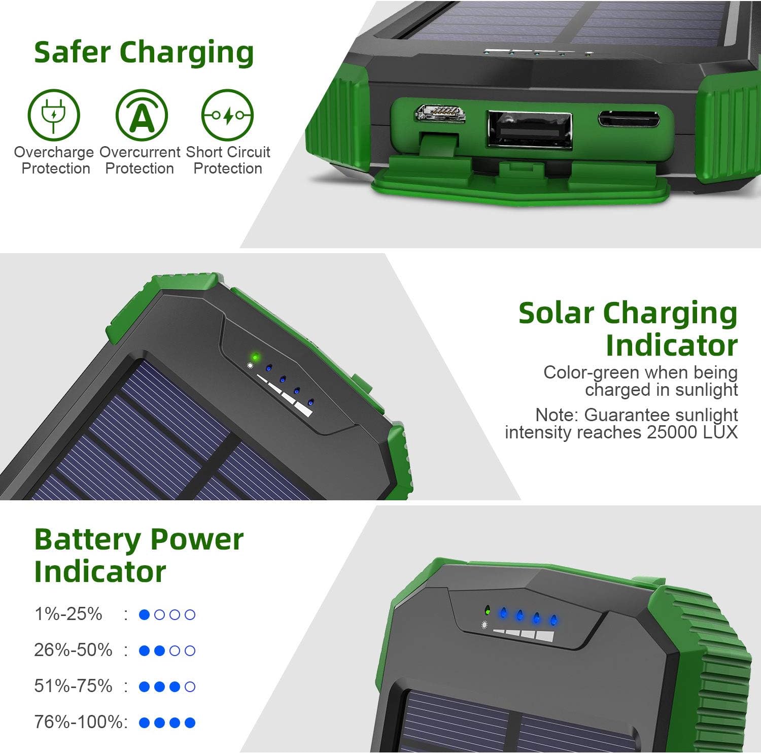 Solar Charger, 10000mAh Solar Power Bank, Qi Wireless Charger, Portable Charger for iPhone, External Battery Pack, Dual Flashlight, Compass, Solar Panel Charging for Outdoor Camping by LEO WAY, Green: Garden & Outdoor
