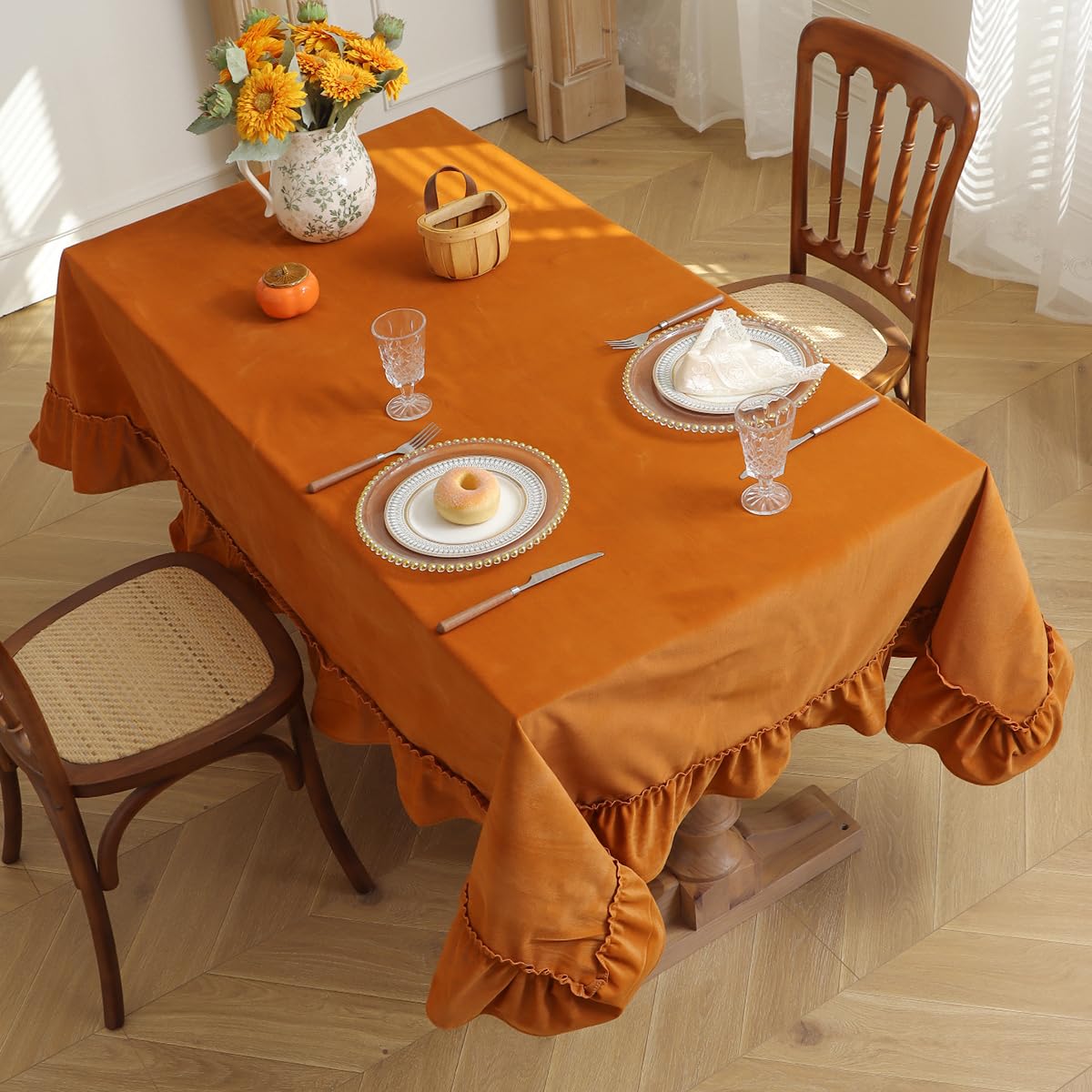 Photo 1 of Tootop Soft Luxurious Velvet Tablecloth Ruffled Solid Color Rectangular Thick Tablecloth, Vintage Farmhouse Style Washable Suitable For Parties Weddings Baby Shower, Kitchen?60 X 120 Inch?Golden Camel