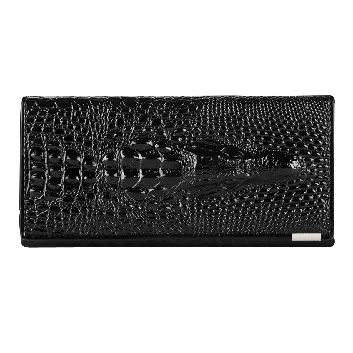 Aisi Unisex Adults Black Leather Wallet, Embossed Crocodile Clutch, Waterproof, 12 Compartments, 5 Card Slots