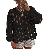 LETSVDO Women's Crochet Hollow Out Sweater Long Sleeve Crewneck Mesh Knit Pullover Tops Casual Beach Vacation Cover Ups